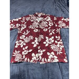 Hawaii Mens Vintage Tropical Hibiscus Pineapple Aloha Shirt Red Cotton Large